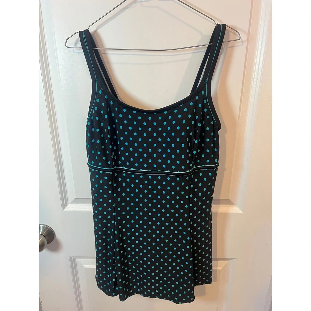 Womens Swim Dress Polka Dot Black Turquoise Size 8